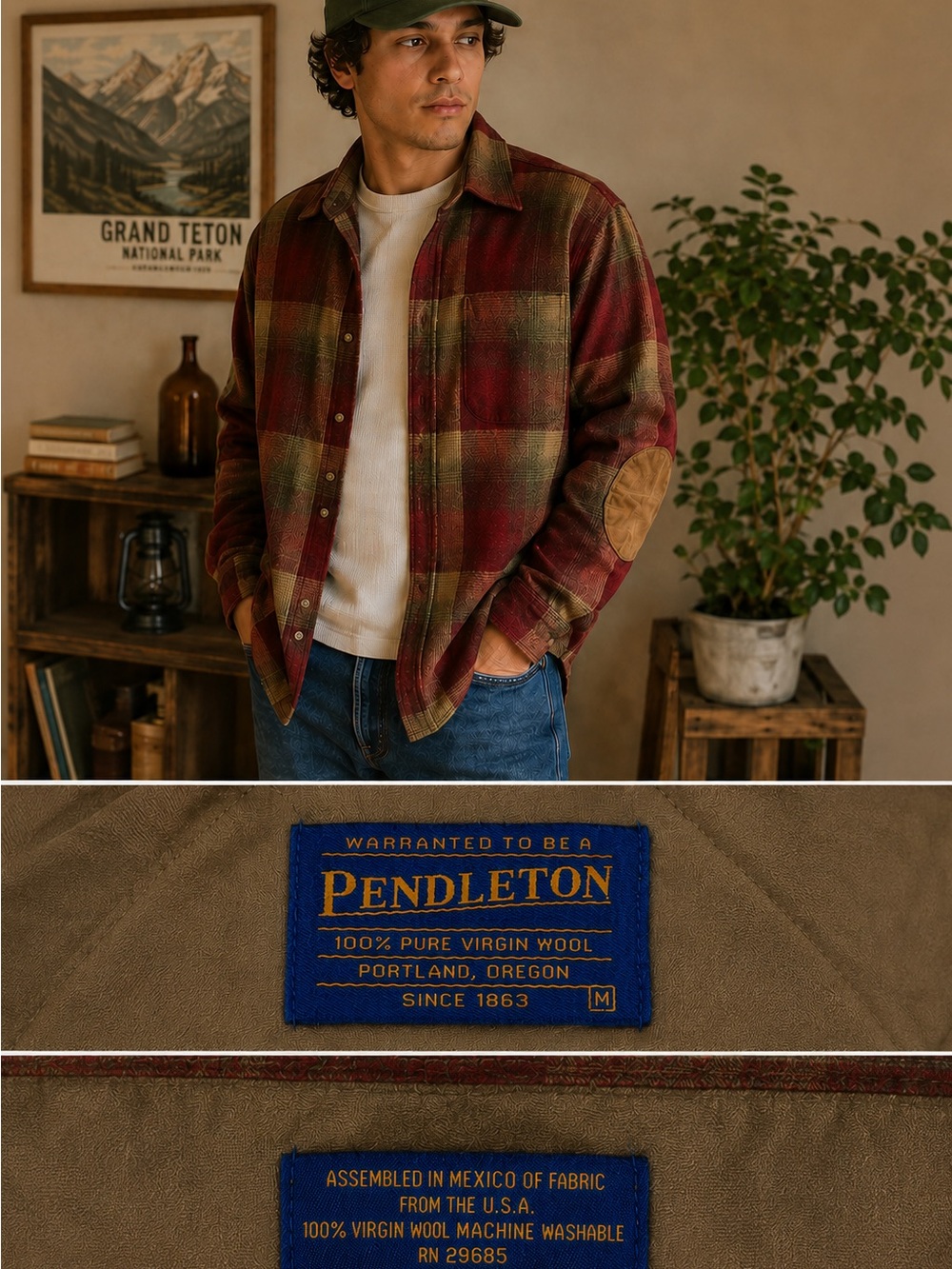 Vintage Pendleton 100% Virgin Wool Plaid Shirt Red Brown Elbow Patch USA